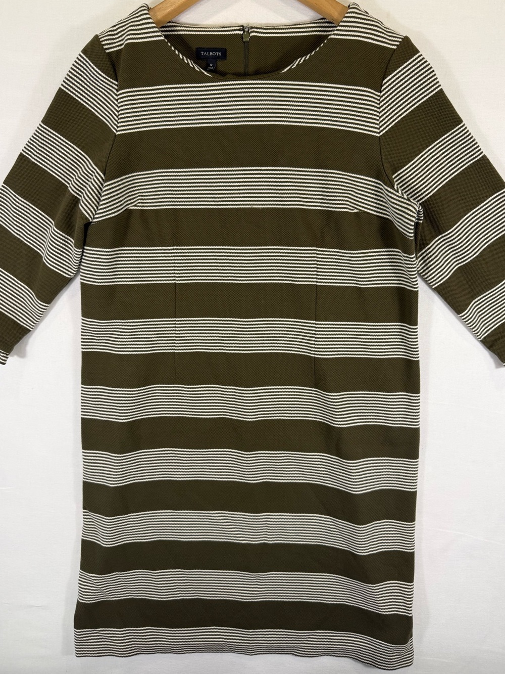 Talbots Classic Olive & White Striped Midi Shift Dress